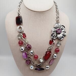 NY&Co Triple Strand Statement Necklace Purple Red Crystal Silver Chain